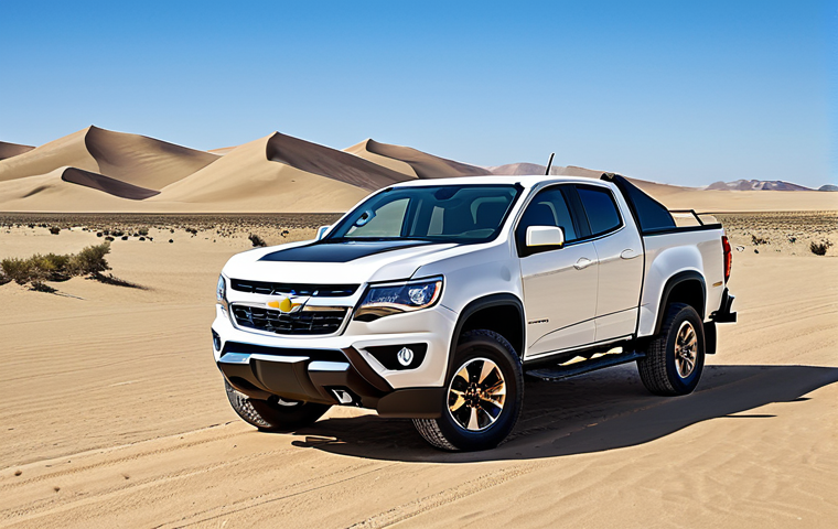 GMC Chevrolet Colorado - Desert Adventure**

"A GMC Chevrolet Colorado, fully clothed with modest design, driving through a vast desert landscape with sand dunes, clear blue sky, appropriate content, safe for work, professional photography, perfect anatomy, natural proportions, well-formed hands, proper finger count, family-friendly, high quality."

**