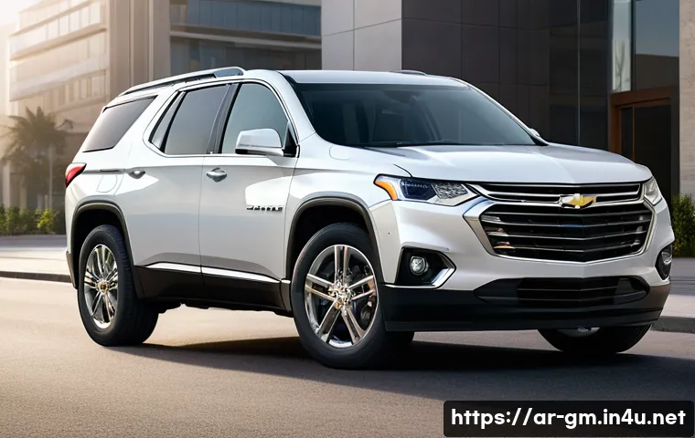 지엠 쉐보레 트래버스의 중고차 시세 - A detailed street scene in a modern Middle Eastern city featuring a 2021 Chevrolet Traverse Premier ...