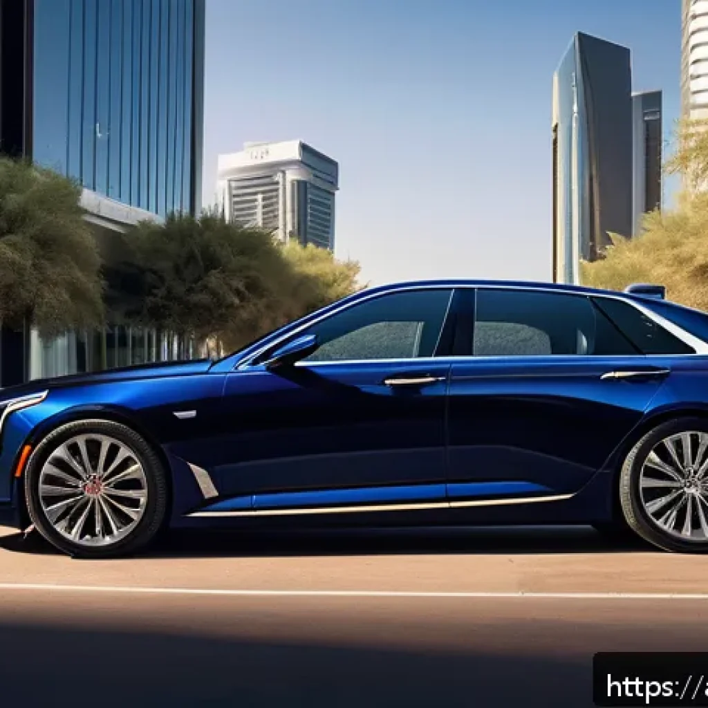 지엠 캐딜락 CT5의 고급 세단 시장 반응 - A sleek 2024 Cadillac CT5 in metallic midnight blue, showcased on a sunlit urban street in Riyadh wi...