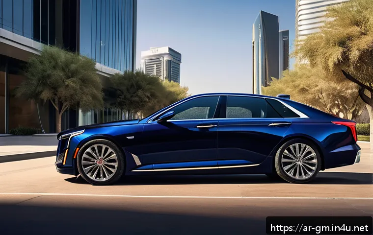지엠 캐딜락 CT5의 고급 세단 시장 반응 - A sleek 2024 Cadillac CT5 in metallic midnight blue, showcased on a sunlit urban street in Riyadh wi...