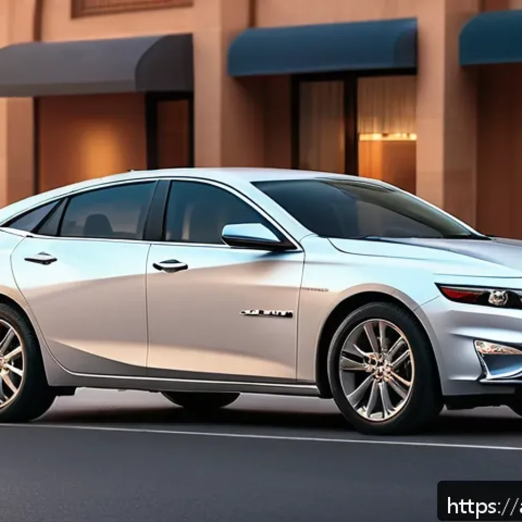 지엠 쉐보레 말리부 하이브리드 출시 소식 - A sleek 2024 Chevrolet Malibu Hybrid parked on a modern urban street at sunset, showcasing its dynam...