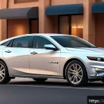 지엠 쉐보레 말리부 하이브리드 출시 소식 - A sleek 2024 Chevrolet Malibu Hybrid parked on a modern urban street at sunset, showcasing its dynam...