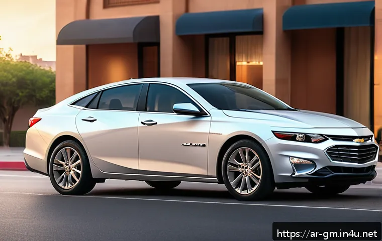 지엠 쉐보레 말리부 하이브리드 출시 소식 - A sleek 2024 Chevrolet Malibu Hybrid parked on a modern urban street at sunset, showcasing its dynam...
