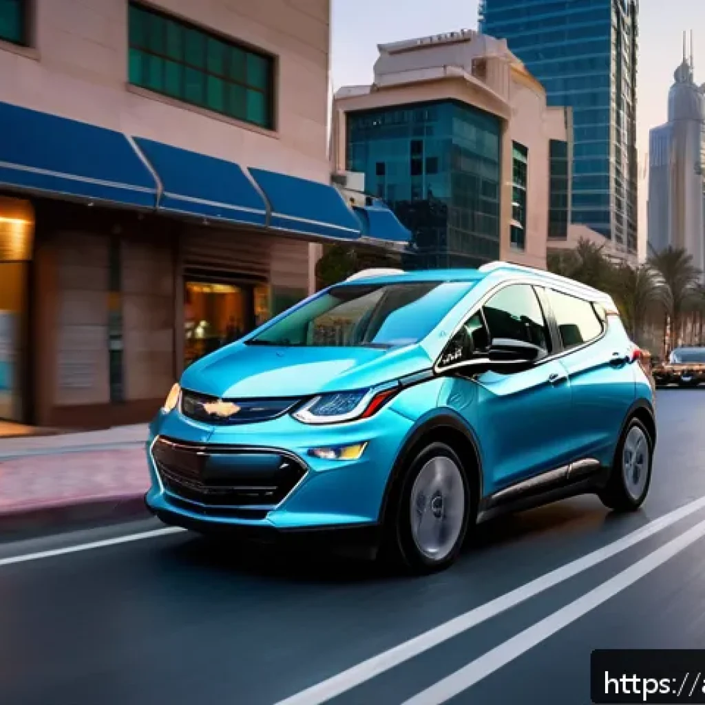 지엠 쉐보레 볼트 EV의 자율주행 기술 - A modern Chevrolet Bolt EV driving through a bustling Middle Eastern urban street at dusk, featuring...