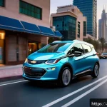 지엠 쉐보레 볼트 EV의 자율주행 기술 - A modern Chevrolet Bolt EV driving through a bustling Middle Eastern urban street at dusk, featuring...
