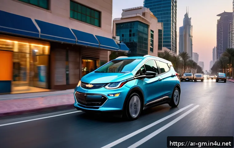 지엠 쉐보레 볼트 EV의 자율주행 기술 - A modern Chevrolet Bolt EV driving through a bustling Middle Eastern urban street at dusk, featuring...