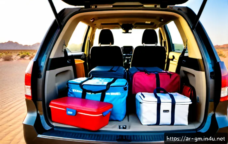 지엠 쉐보레 트래버스의 실내 공간 활용 - Photorealistic wide-angle view inside a spacious modern three-row family SUV, rear liftgate open to ...