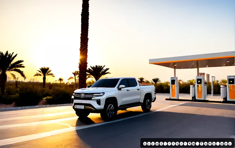 지엠 GMC 시에라 EV의 충전 시간 - Photorealistic full-size electric pickup truck charging at a modern ultra-fast public station in a c...